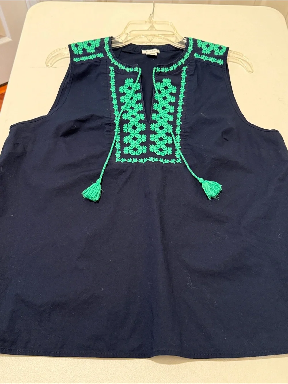 J. Crew Navy Tank Green Embroidered Front & Tassels Autumn Nautical Luncheon 10